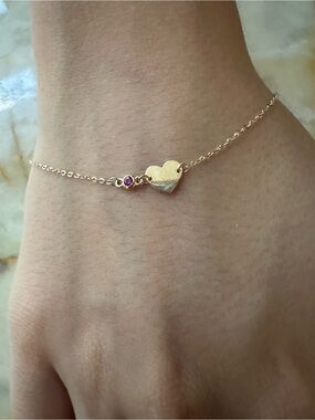 Delicate 14k real solid Gold Heart Bracelet with Ruby  Gem